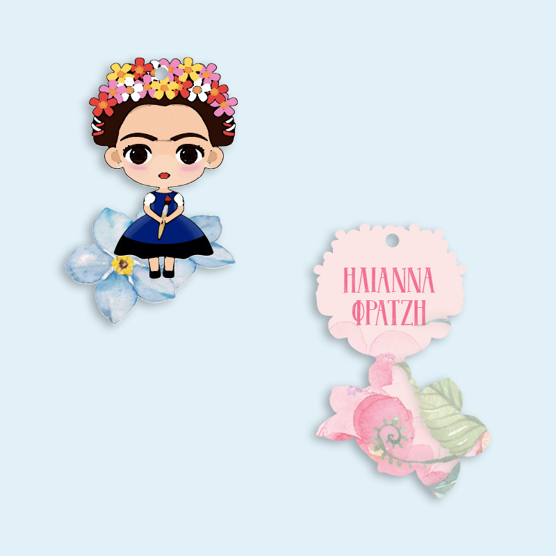 Ξύλινο ταμπελάκι Frida Kahlo με όνομα για την τσάντα